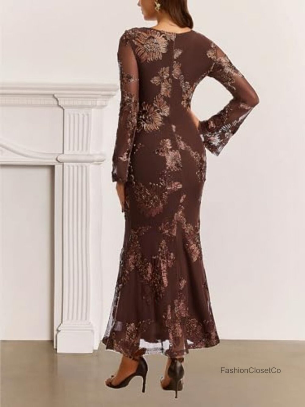 Long Sleeve Embroidered Mesh Maxi Dress Formal Wedding Guest - Picture 2 of 6